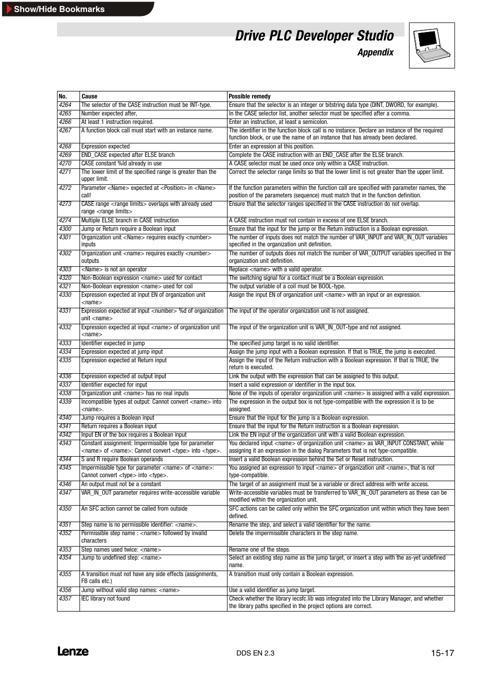 Drive plc developer studio, Appendix, Show/hide bookmarks | Lenze DDS v2.3 User Manual | Page 327 / 340