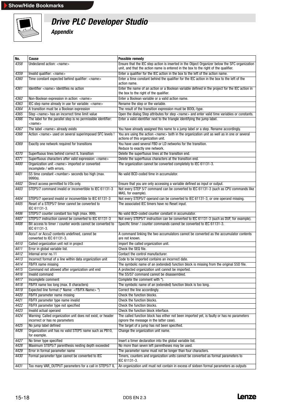 Drive plc developer studio, Appendix, Show/hide bookmarks | Lenze DDS v2.3 User Manual | Page 328 / 340