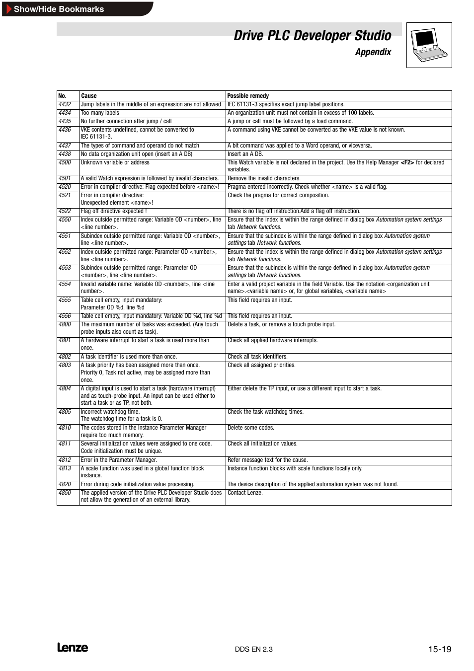Drive plc developer studio, Appendix, Show/hide bookmarks | Lenze DDS v2.3 User Manual | Page 329 / 340