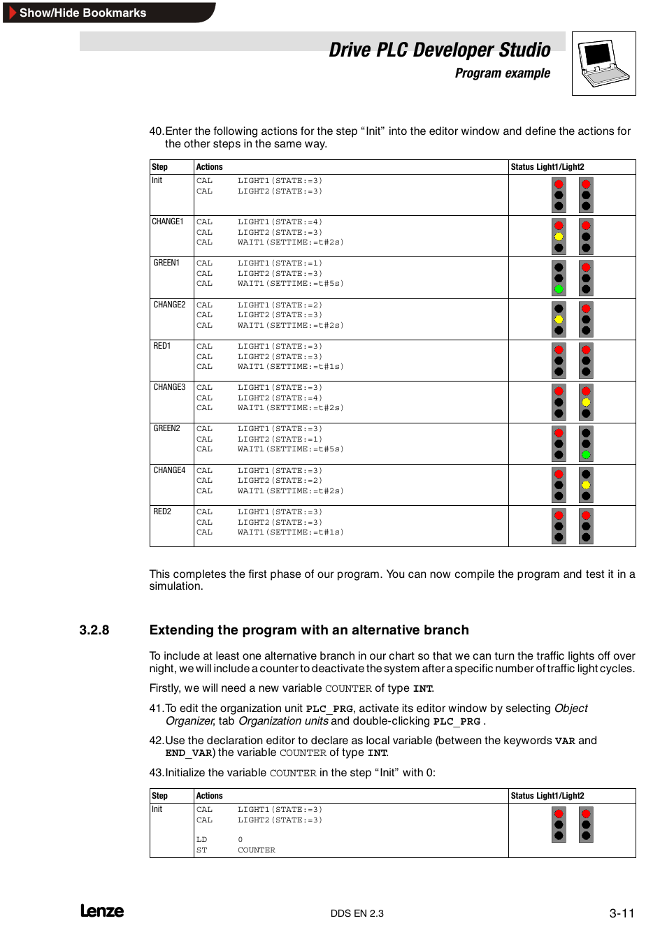 8 extending the program with an alternative branch, Extending the program with an alternative branch, Drive plc developer studio | Program example | Lenze DDS v2.3 User Manual | Page 33 / 340