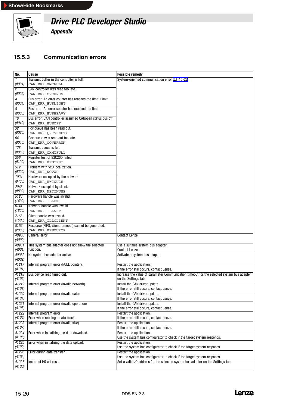 3 communication errors, Communication errors, Drive plc developer studio | Appendix | Lenze DDS v2.3 User Manual | Page 330 / 340