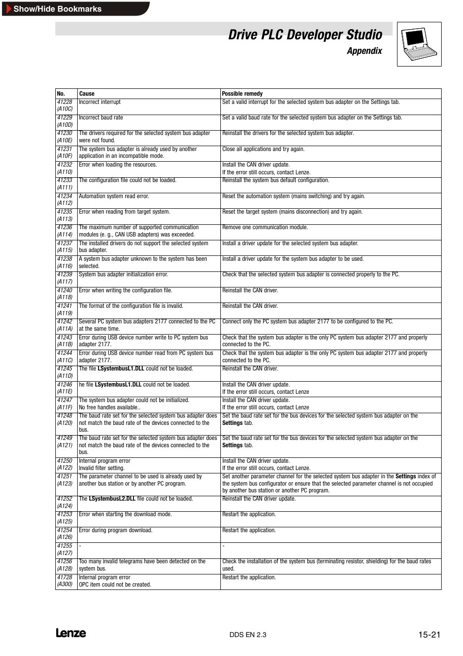 Drive plc developer studio, Appendix, Show/hide bookmarks | Lenze DDS v2.3 User Manual | Page 331 / 340
