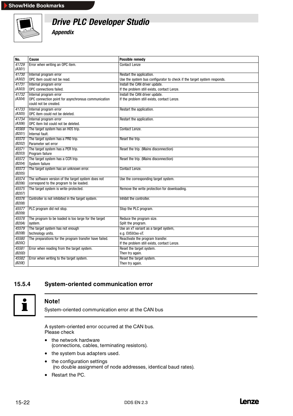 4 system-oriented communication error, System-oriented communication error, Drive plc developer studio | Appendix | Lenze DDS v2.3 User Manual | Page 332 / 340