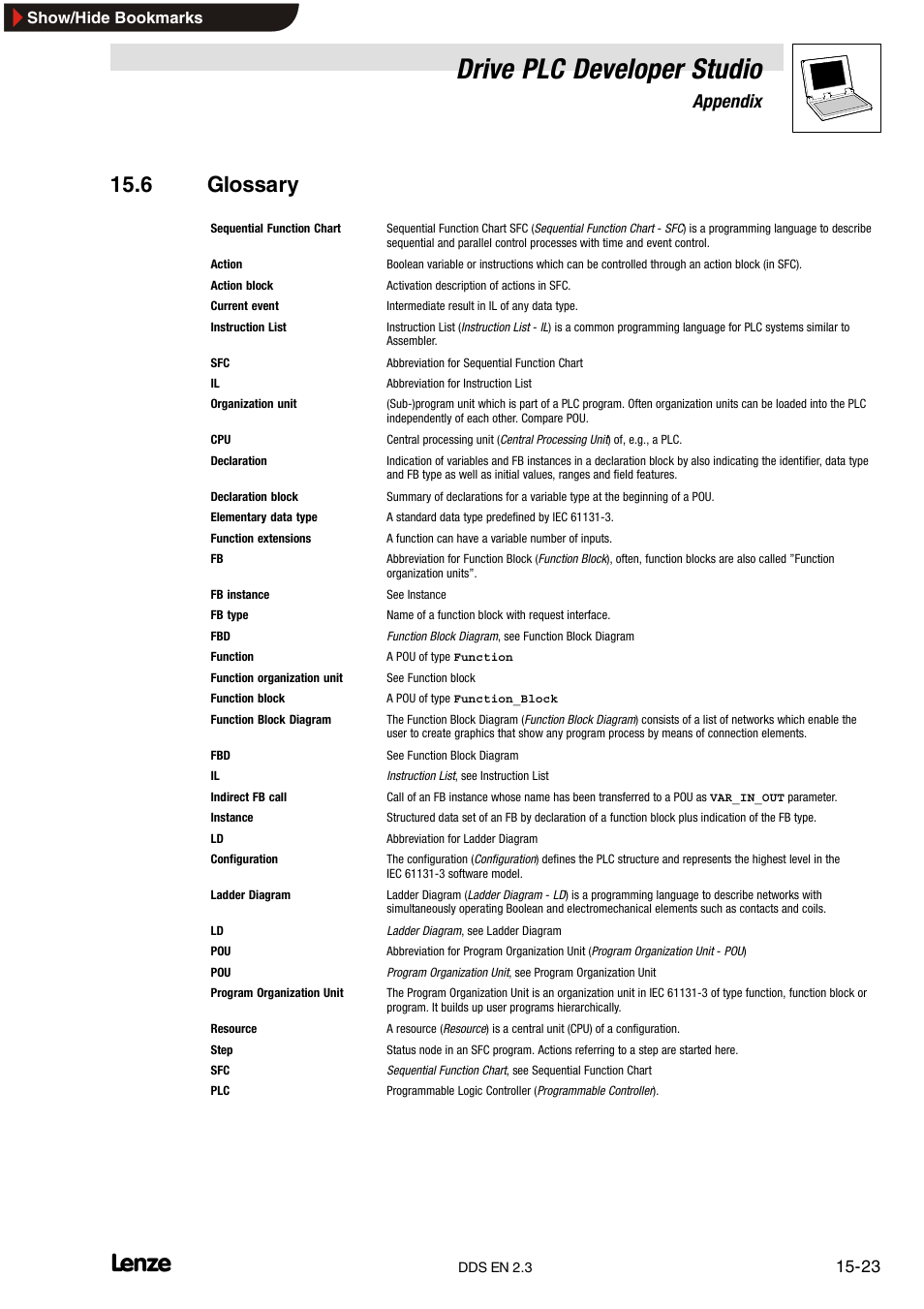 6 glossary, Drive plc developer studio, Appendix | Lenze DDS v2.3 User Manual | Page 333 / 340