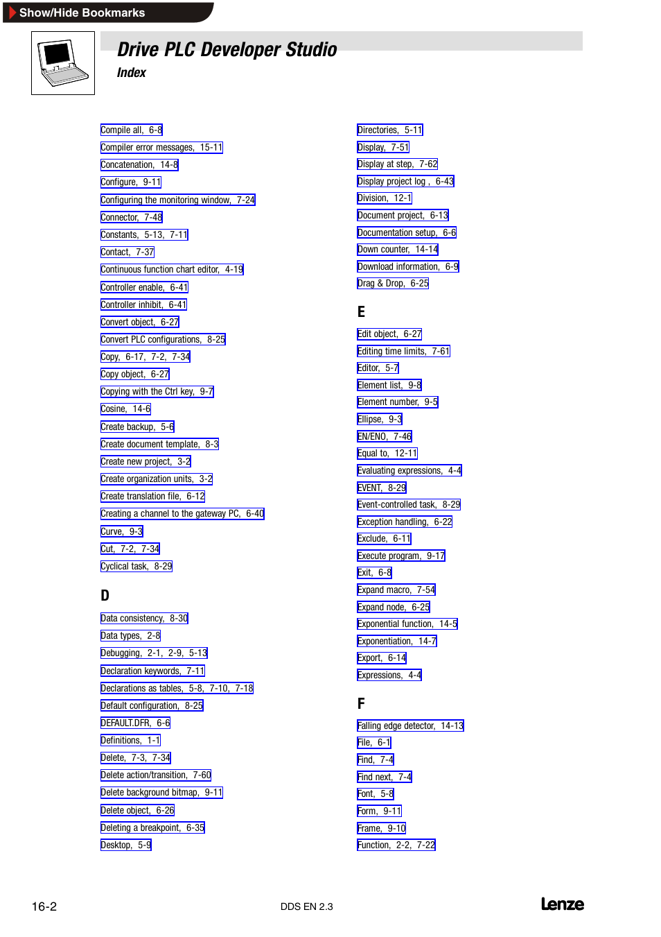 Drive plc developer studio, Index | Lenze DDS v2.3 User Manual | Page 336 / 340