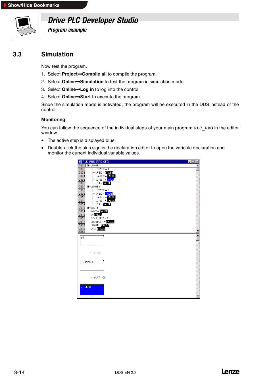 3 simulation, Drive plc developer studio | Lenze DDS v2.3 User Manual | Page 36 / 340