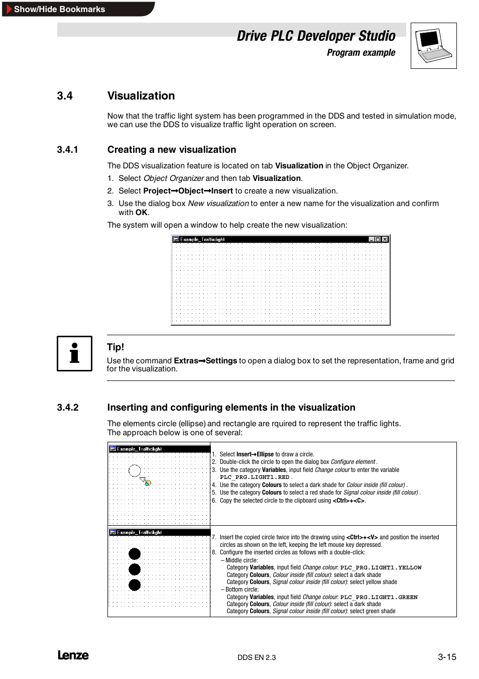4 visualization, 1 creating a new visualization, Creating a new visualization | Drive plc developer studio, Program example | Lenze DDS v2.3 User Manual | Page 37 / 340