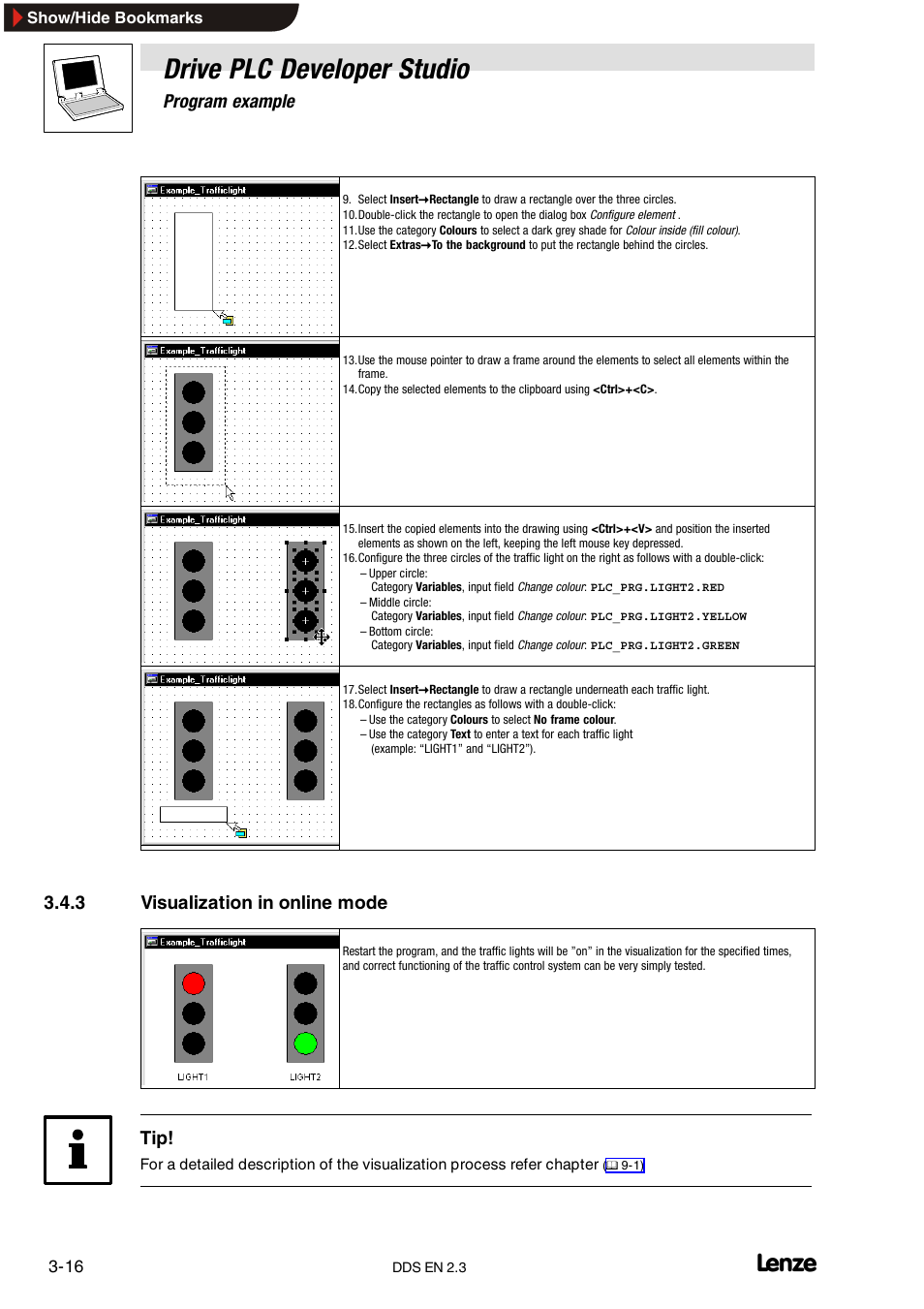 3 visualization in online mode, Visualization in online mode, Drive plc developer studio | Program example | Lenze DDS v2.3 User Manual | Page 38 / 340
