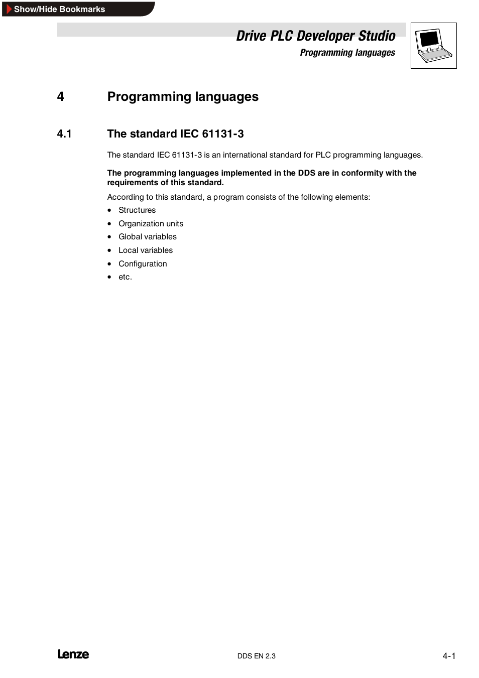 4 programming languages, 1 the standard iec 61131-3, Drive plc developer studio | 4programming languages | Lenze DDS v2.3 User Manual | Page 39 / 340