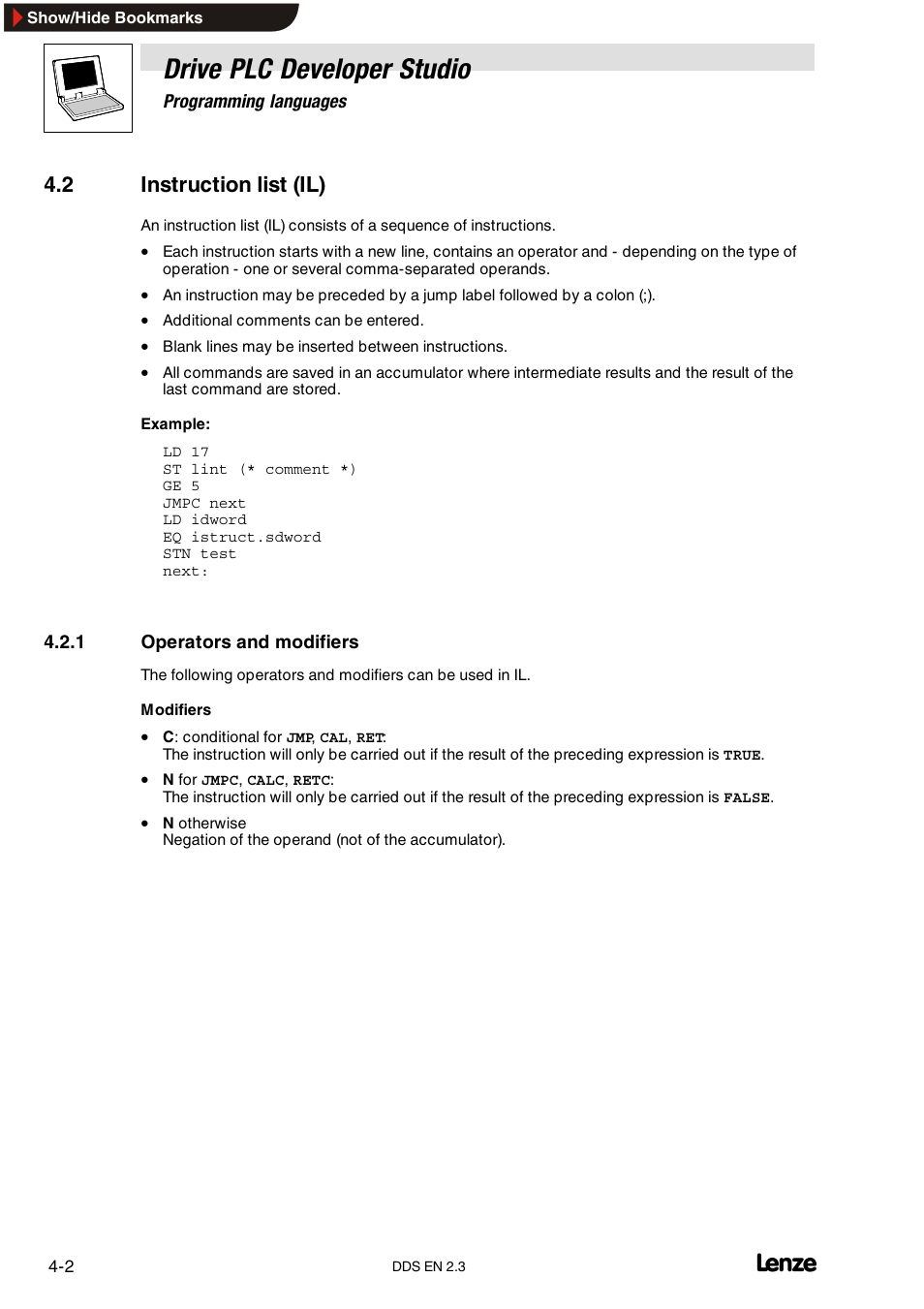 2 instruction list (il), 1 operators and modifiers, Operators and modifiers | Drive plc developer studio | Lenze DDS v2.3 User Manual | Page 40 / 340