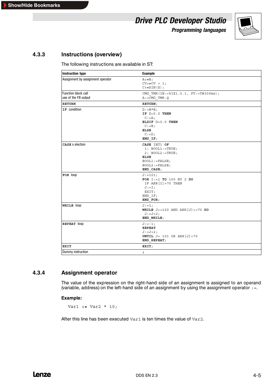 3 instructions (overview), 4 assignment operator, Instructions (overview) | Assignment operator, Drive plc developer studio, Programming languages | Lenze DDS v2.3 User Manual | Page 43 / 340