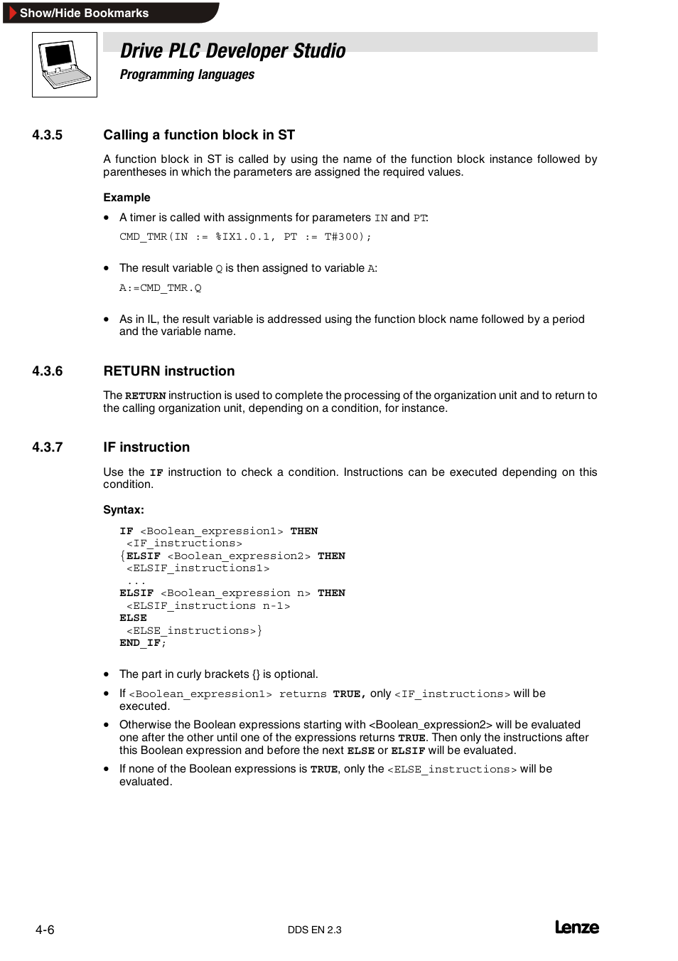 5 calling a function block in st, 6 return instruction, 7 if instruction | Calling a function block in st, Return instruction, If instruction, Drive plc developer studio | Lenze DDS v2.3 User Manual | Page 44 / 340