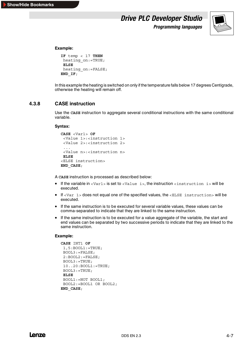 8 case instruction, Case instruction, Drive plc developer studio | Lenze DDS v2.3 User Manual | Page 45 / 340