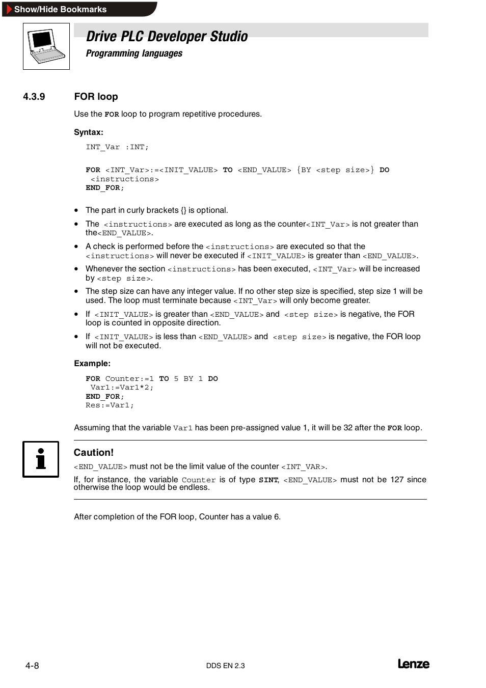 9 for loop, For loop, Drive plc developer studio | Lenze DDS v2.3 User Manual | Page 46 / 340