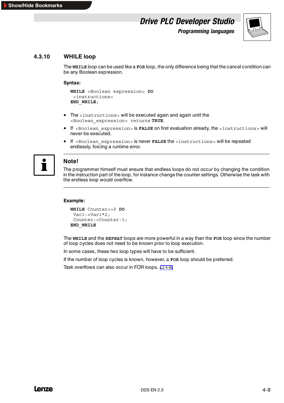 10 while loop, While loop, Drive plc developer studio | Lenze DDS v2.3 User Manual | Page 47 / 340