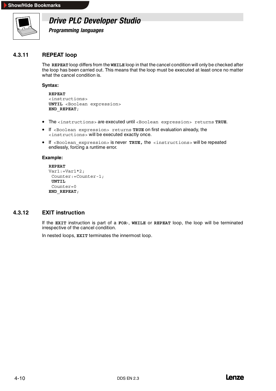 11 repeat loop, 12 exit instruction, Repeat loop | Exit instruction, Drive plc developer studio | Lenze DDS v2.3 User Manual | Page 48 / 340