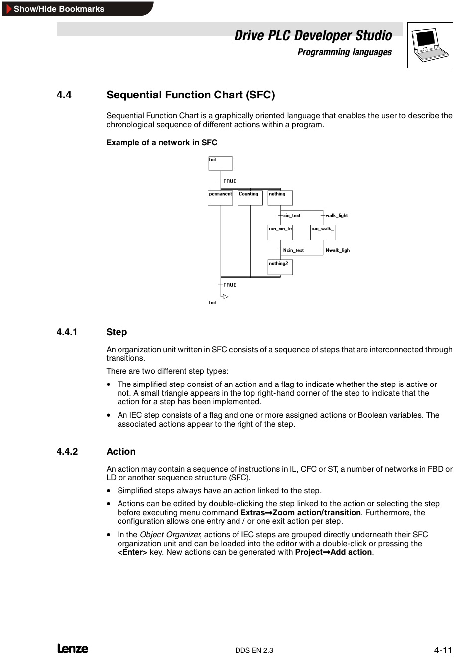 4 sequential function chart (sfc), 1 step, 2 action | Step, Action, Drive plc developer studio | Lenze DDS v2.3 User Manual | Page 49 / 340