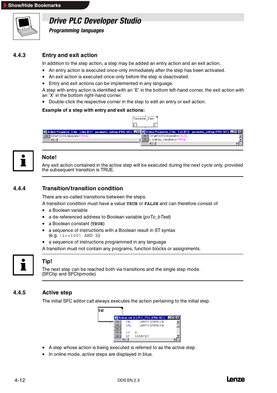 3 entry and exit action, 4 transition/ transition condition, 5 active step | Entry and exit action, Transition/transition condition, Active step, Drive plc developer studio | Lenze DDS v2.3 User Manual | Page 50 / 340