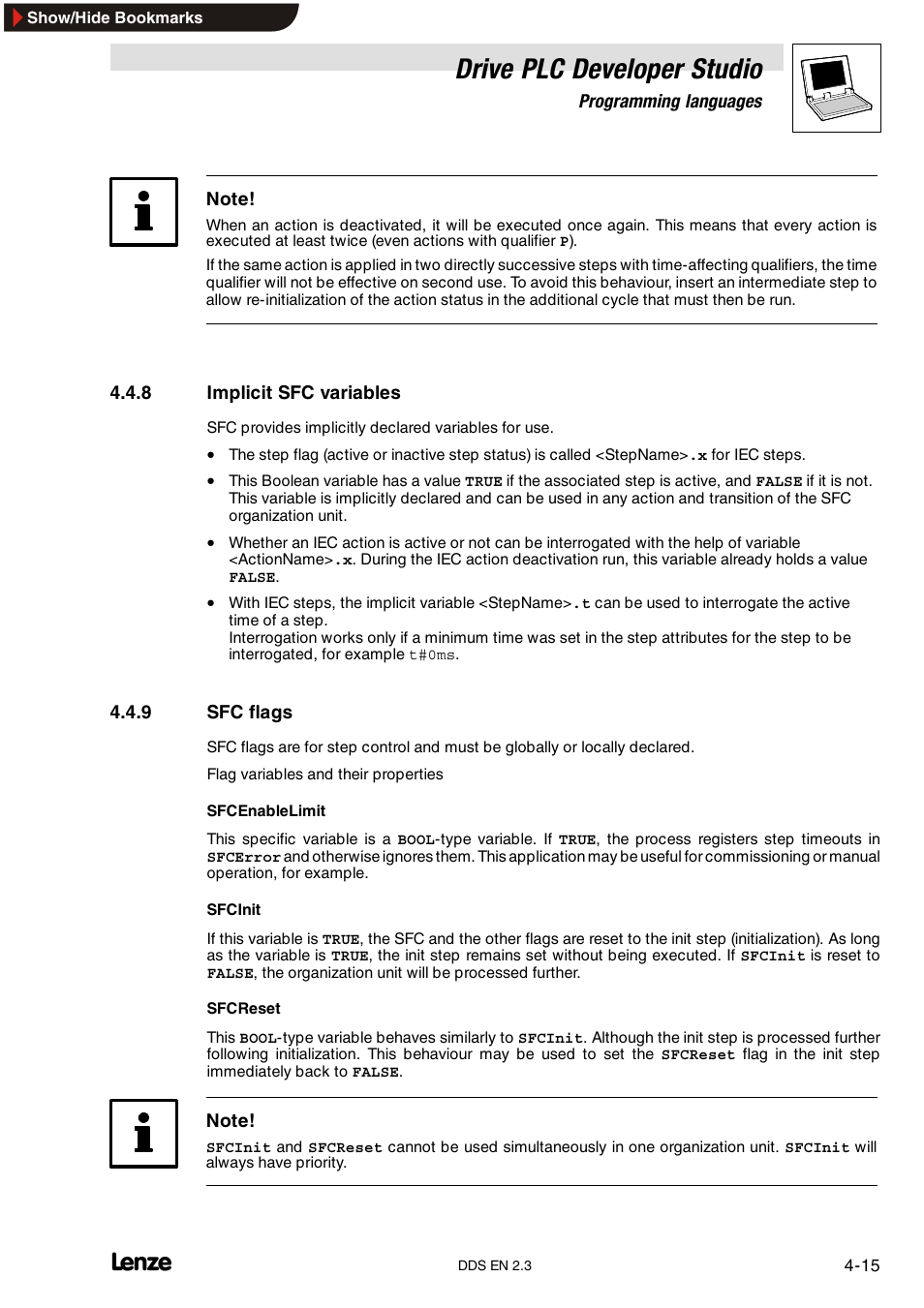 8 implicit sfc variables, 9 sfc flags, Implicit sfc variables | Sfc flags, Drive plc developer studio | Lenze DDS v2.3 User Manual | Page 53 / 340