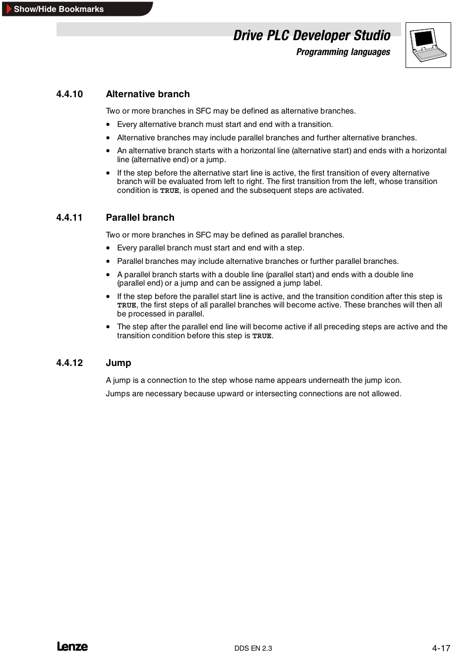10 alternative branch, 11 parallel branch, 12 jump | Alternative branch, Parallel branch, Jump, Drive plc developer studio | Lenze DDS v2.3 User Manual | Page 55 / 340