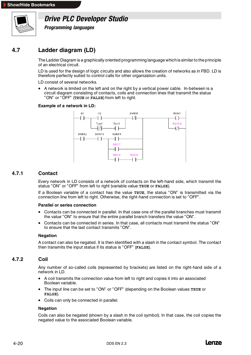 7 ladder diagram (ld), 1 contact, 2 coil | Contact, Coil, Drive plc developer studio | Lenze DDS v2.3 User Manual | Page 58 / 340