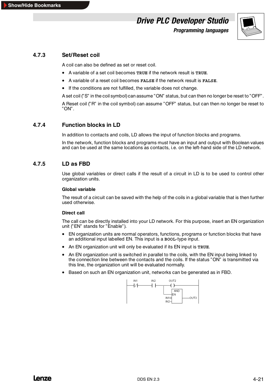 3 set/ reset coil, 4 function blocks in ld, 5 ld as fbd | Set/reset coil, Function blocks in ld, Ld as fbd, Drive plc developer studio | Lenze DDS v2.3 User Manual | Page 59 / 340