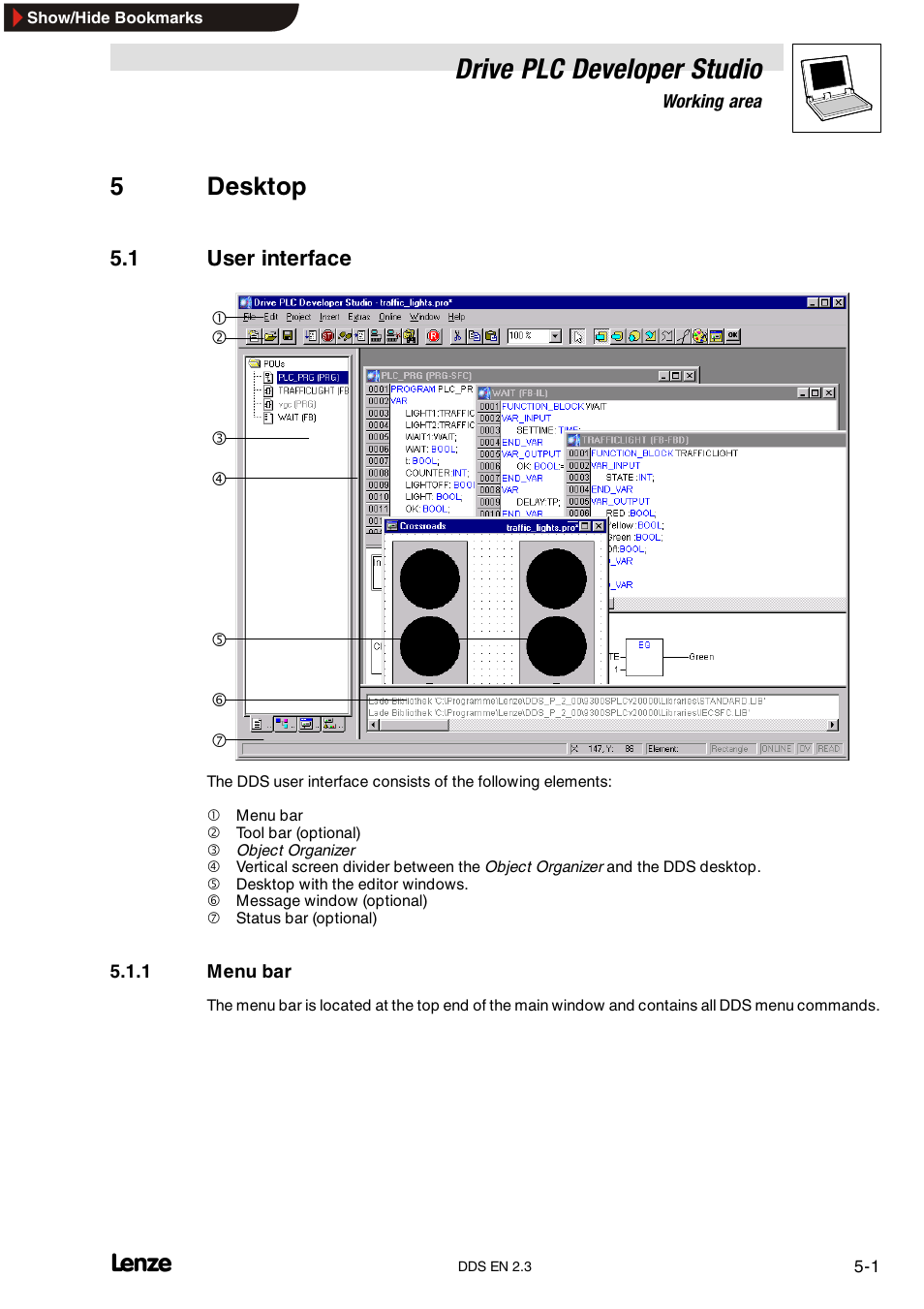 5 desktop, 1 user interface, 1 menu bar | Menu bar, Drive plc developer studio, 5desktop | Lenze DDS v2.3 User Manual | Page 61 / 340