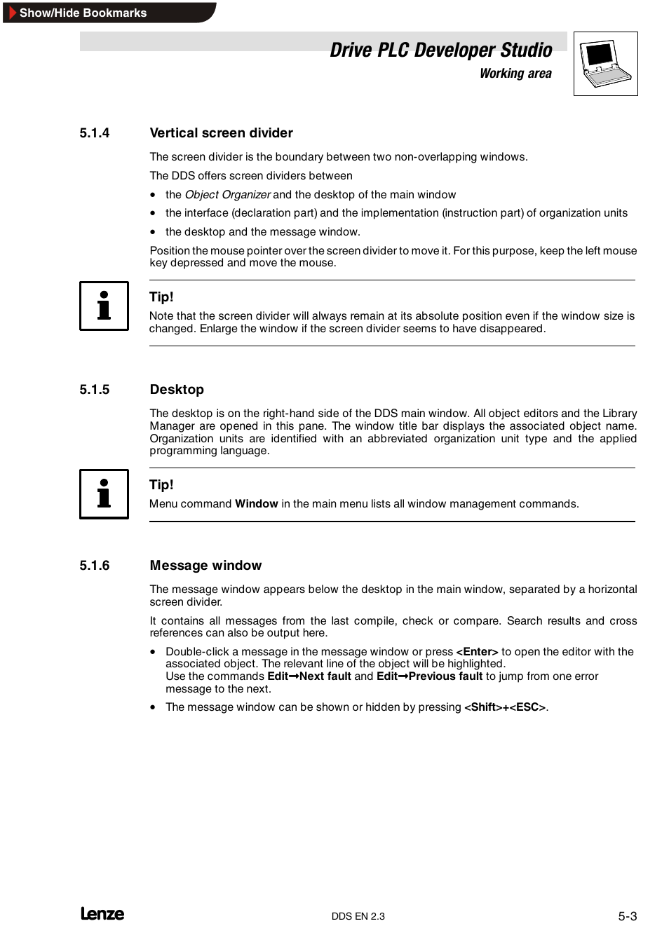 4 vertical screen divider, 5 desktop, 6 message window | Vertical screen divider, Desktop, Message window, Drive plc developer studio | Lenze DDS v2.3 User Manual | Page 63 / 340