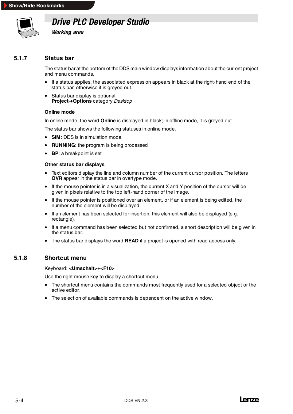 7 status bar, 8 shortcut menu, Status bar | Shortcut menu, Drive plc developer studio | Lenze DDS v2.3 User Manual | Page 64 / 340