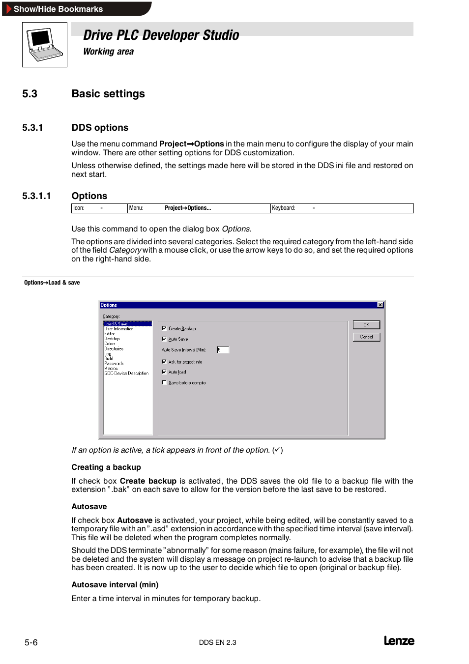 3 basic settings, 1 dds options, Dds options | Drive plc developer studio | Lenze DDS v2.3 User Manual | Page 66 / 340