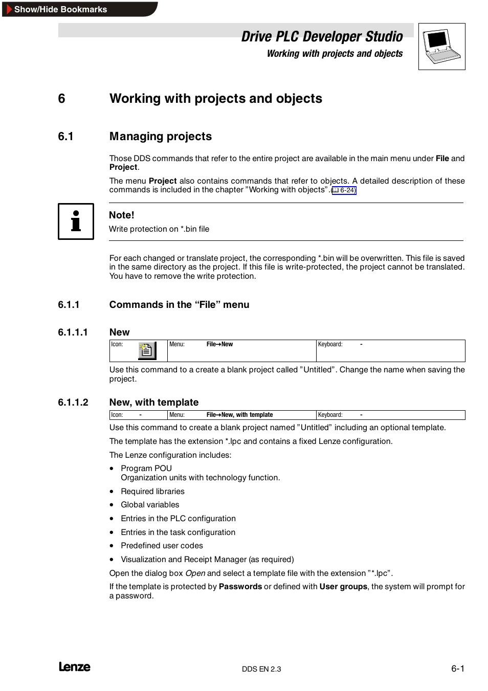 6 working with projects and objects, 1 managing projects, 1 commands in the "file" menu | Commands in the “file” menu, Drive plc developer studio, 6working with projects and objects | Lenze DDS v2.3 User Manual | Page 79 / 340