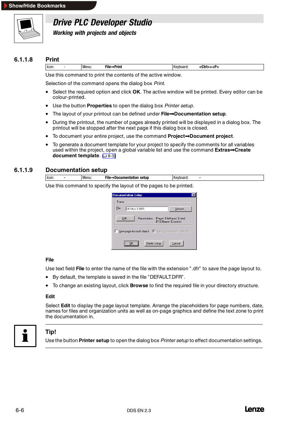 Drive plc developer studio, Working with projects and objects, 8 print | 9 documentation setup | Lenze DDS v2.3 User Manual | Page 84 / 340