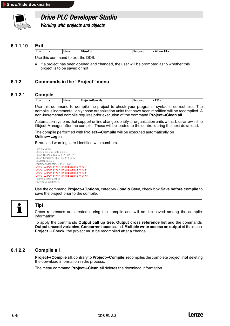 2 commands in the "project" menu, Commands in the “project” menu, Drive plc developer studio | Working with projects and objects, 10 exit, 2 compile all | Lenze DDS v2.3 User Manual | Page 86 / 340