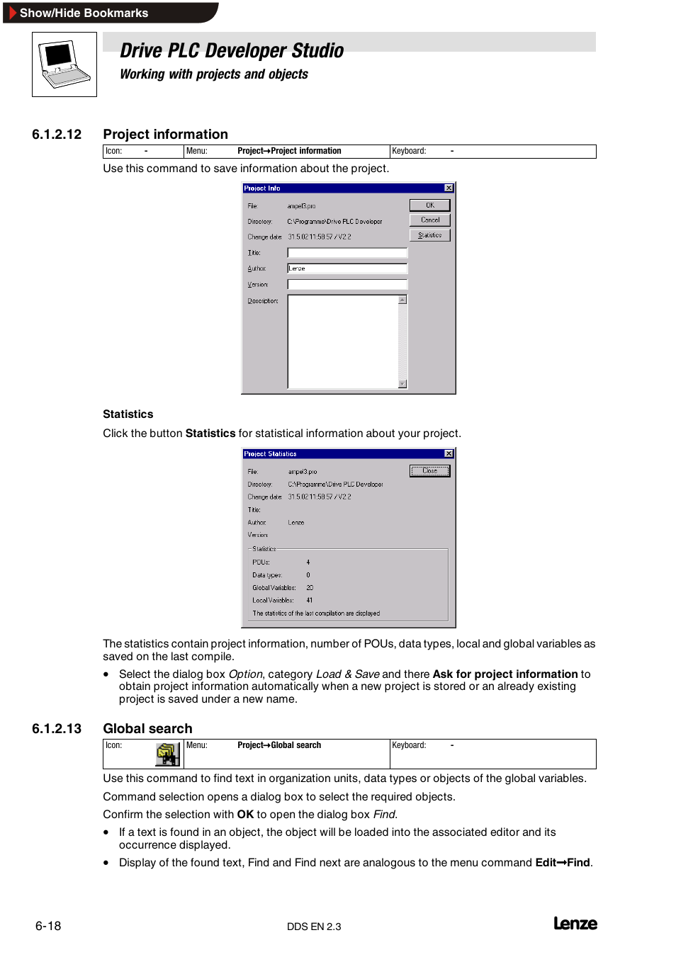Drive plc developer studio, Working with projects and objects, 12 project information | 13 global search | Lenze DDS v2.3 User Manual | Page 96 / 340
