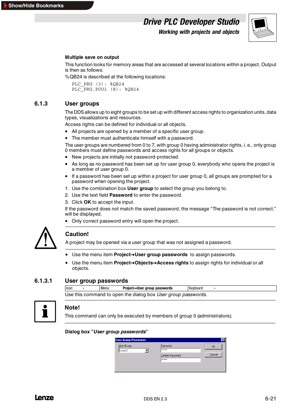 3 user groups, User groups, Drive plc developer studio | Lenze DDS v2.3 User Manual | Page 99 / 340
