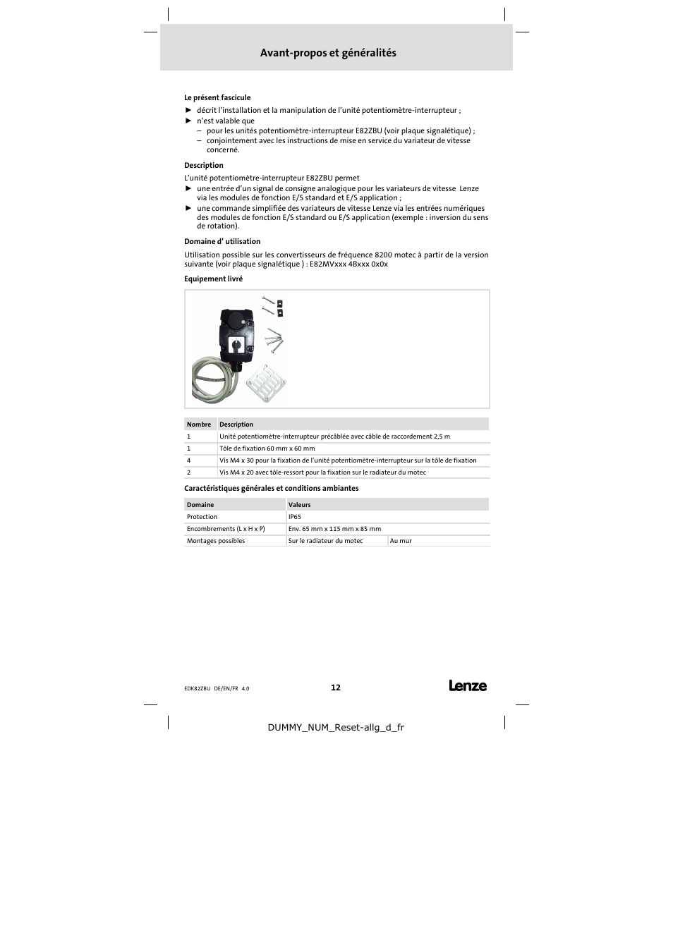 Avant-propos et généralités, Avant−propos et généralités | Lenze E82ZBU User Manual | Page 12 / 18