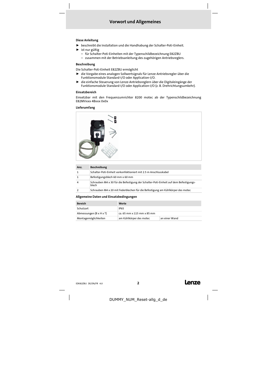 Vorwort und allgemeines | Lenze E82ZBU User Manual | Page 2 / 18