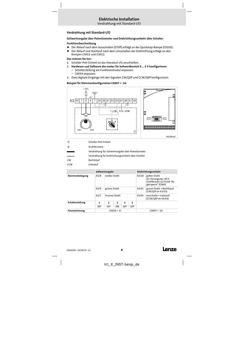 Elektrische installation, Verdrahtung mit standard-i/o | Lenze E82ZBU User Manual | Page 4 / 18