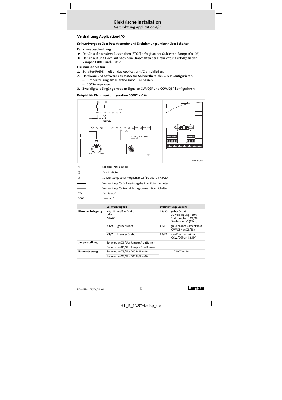 Verdrahtung application-i/o, Elektrische installation | Lenze E82ZBU User Manual | Page 5 / 18