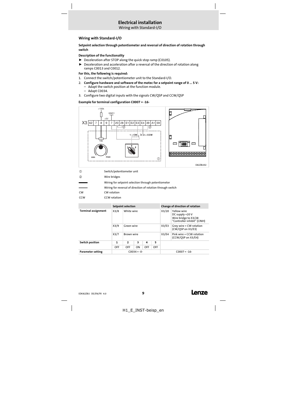 Electrical installation, Wiring with standard-i/o | Lenze E82ZBU User Manual | Page 9 / 18