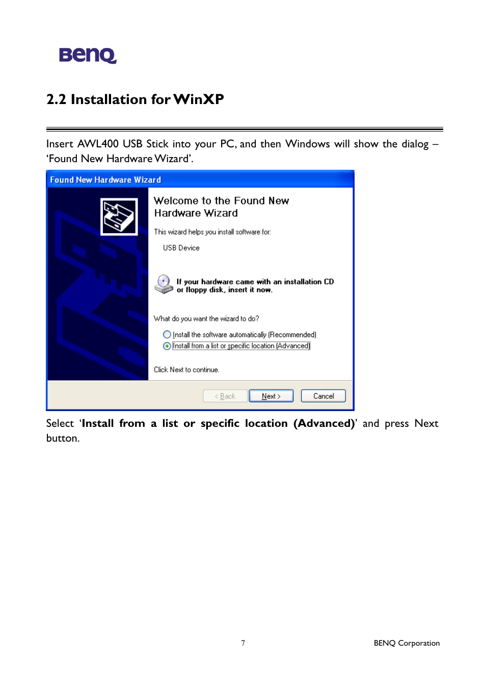 2 installation for winxp | BenQ AWL400 User Manual | Page 11 / 22
