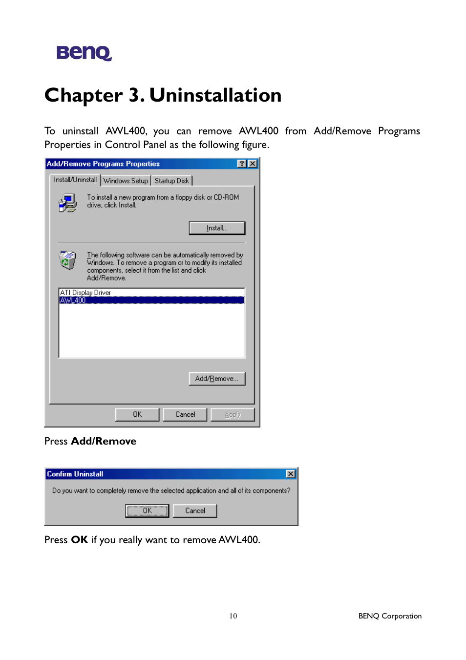 Chapter 3. uninstallation | BenQ AWL400 User Manual | Page 14 / 22