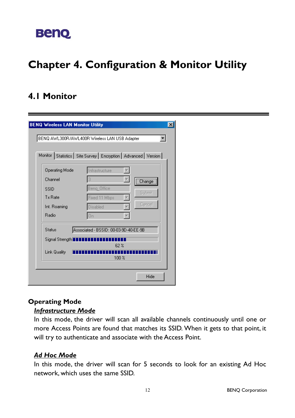 Chapter 4. configuration & monitor utility, 1 monitor | BenQ AWL400 User Manual | Page 16 / 22