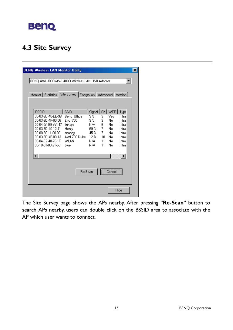 3 site survey | BenQ AWL400 User Manual | Page 19 / 22
