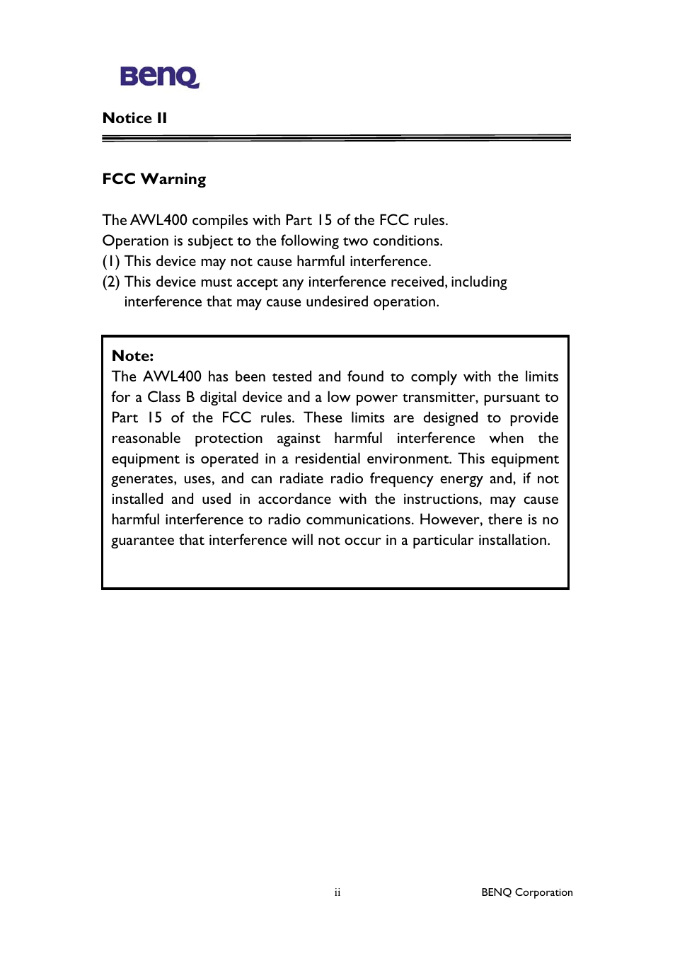 BenQ AWL400 User Manual | Page 3 / 22