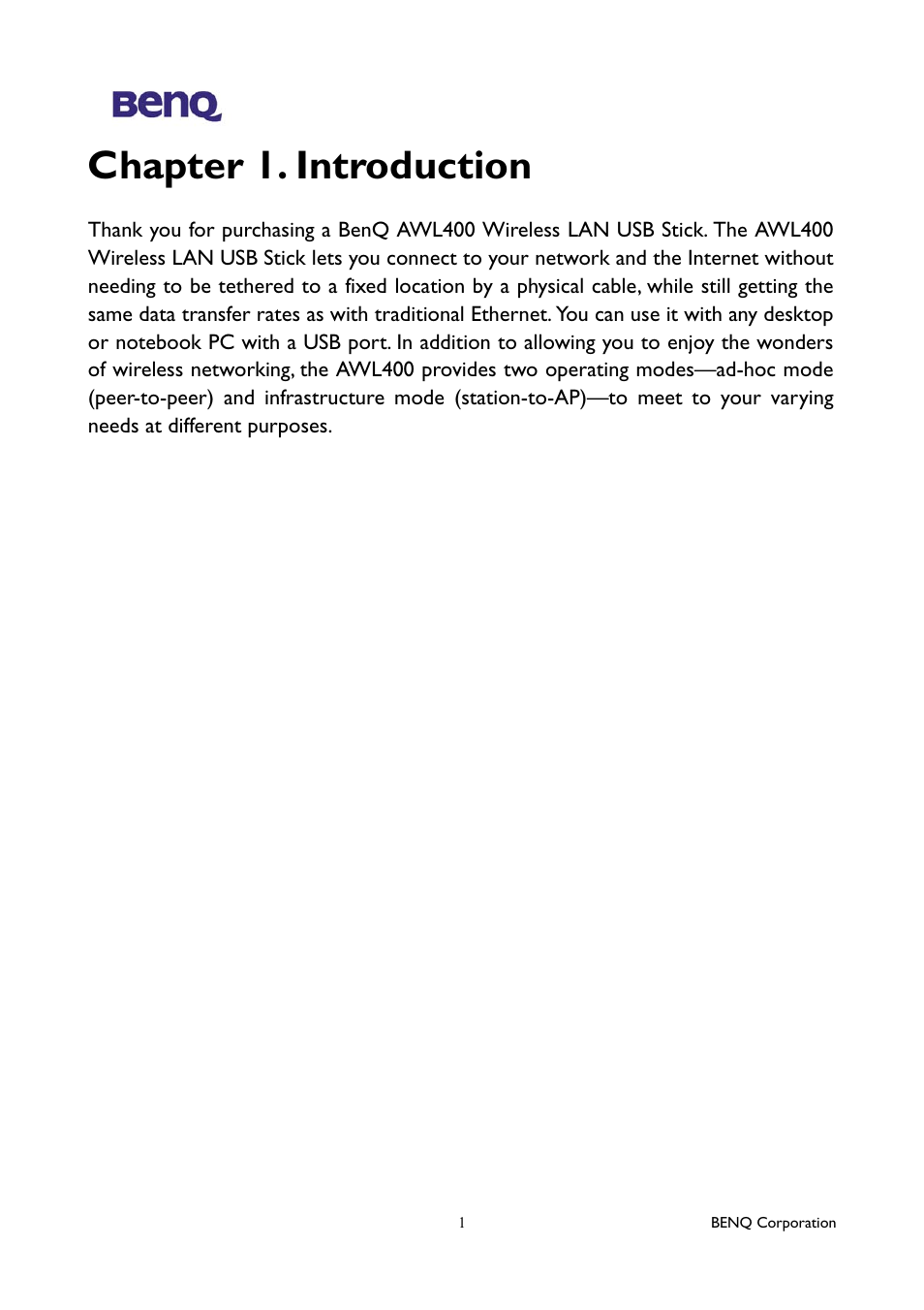 Chapter 1. introduction | BenQ AWL400 User Manual | Page 5 / 22