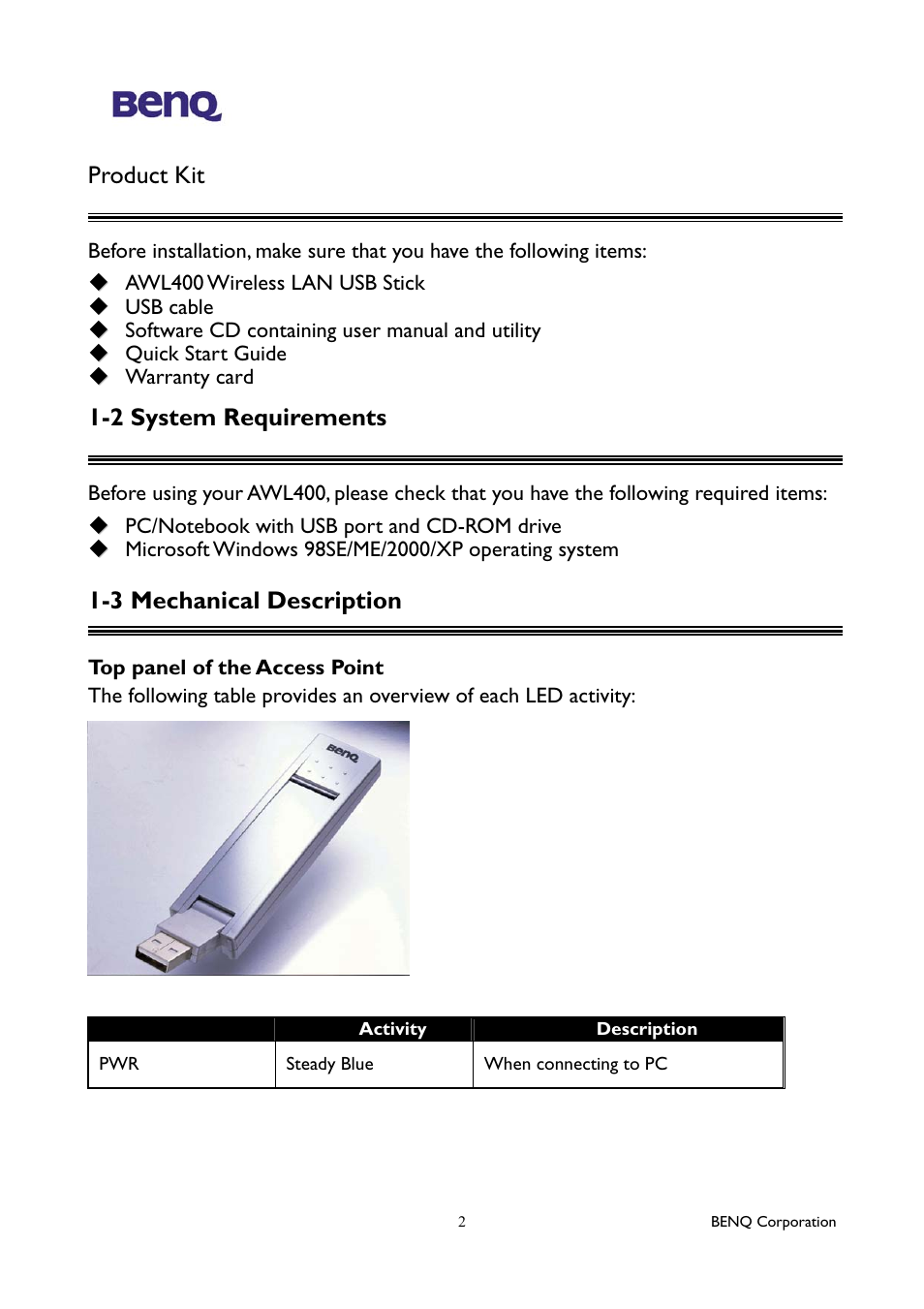 Product kit, 2 system requirements, 3 mechanical description | BenQ AWL400 User Manual | Page 6 / 22