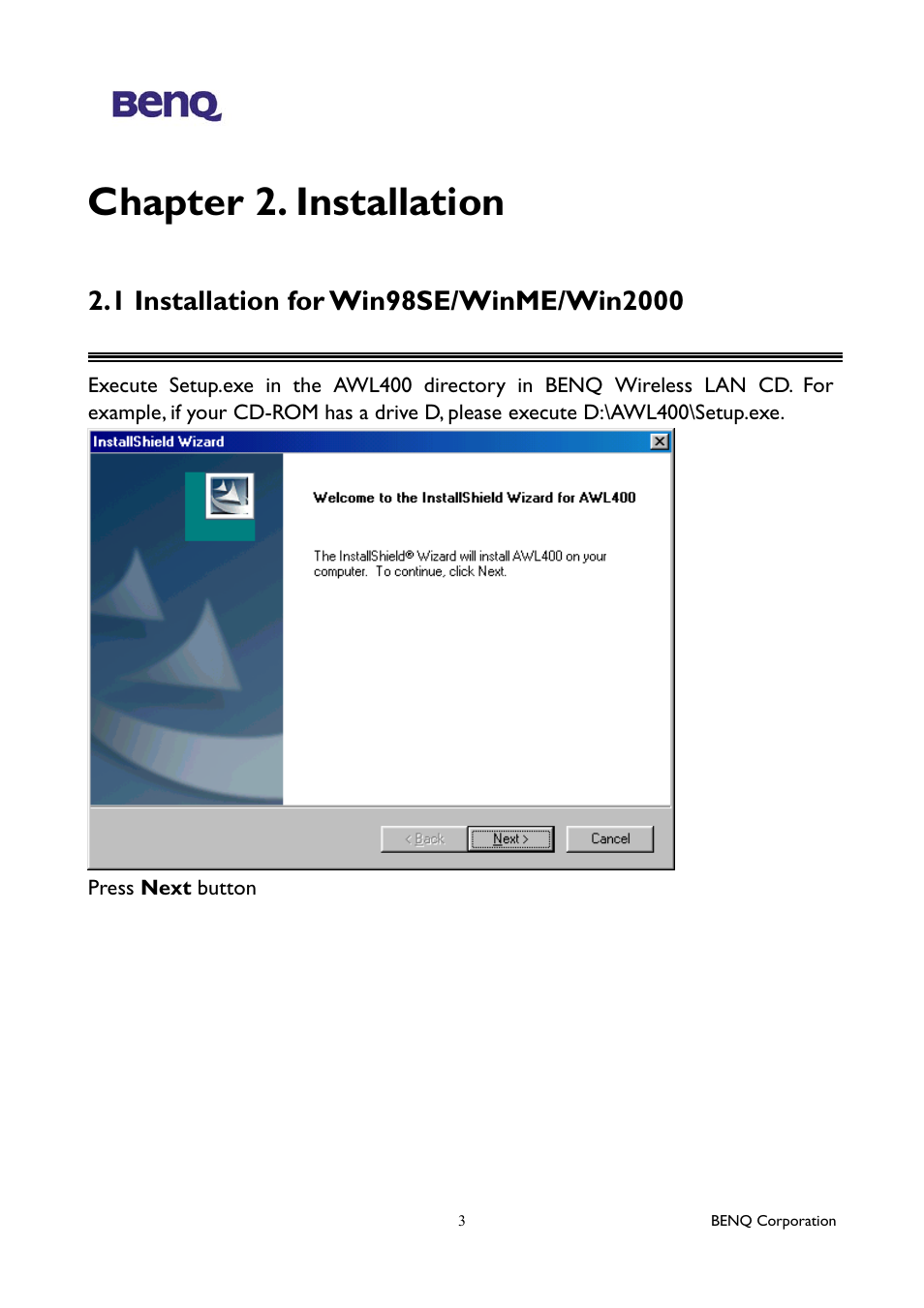 Chapter 2. installation | BenQ AWL400 User Manual | Page 7 / 22
