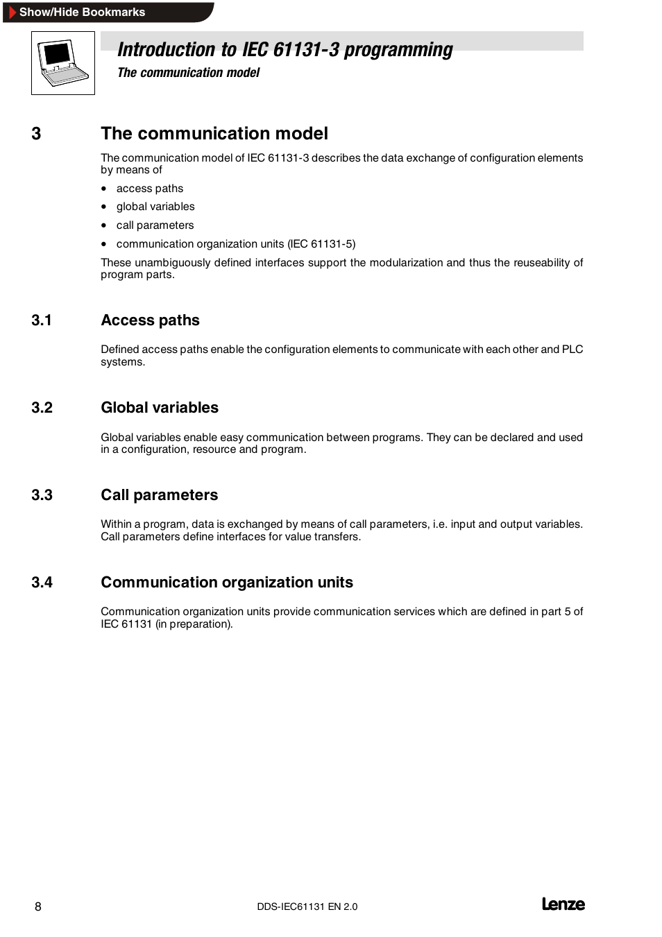 3 the communication model, 1 access paths, 2 global variables | 3 call parameters, 4 communication organization units, 3the communication model | Lenze DDS v2.0 User Manual | Page 10 / 26