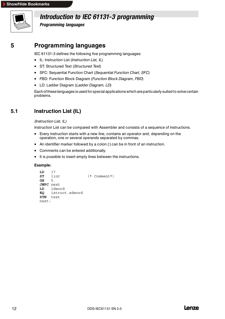 5 programming languages, 1 instruction list (il), 5programming languages | Lenze DDS v2.0 User Manual | Page 14 / 26